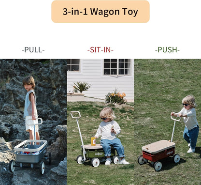 kidpop PULA-Wild 3-in-1 Kids' Pull-Along Wagon Toddlers Push Walker for 2.5-8, Removable Wooden