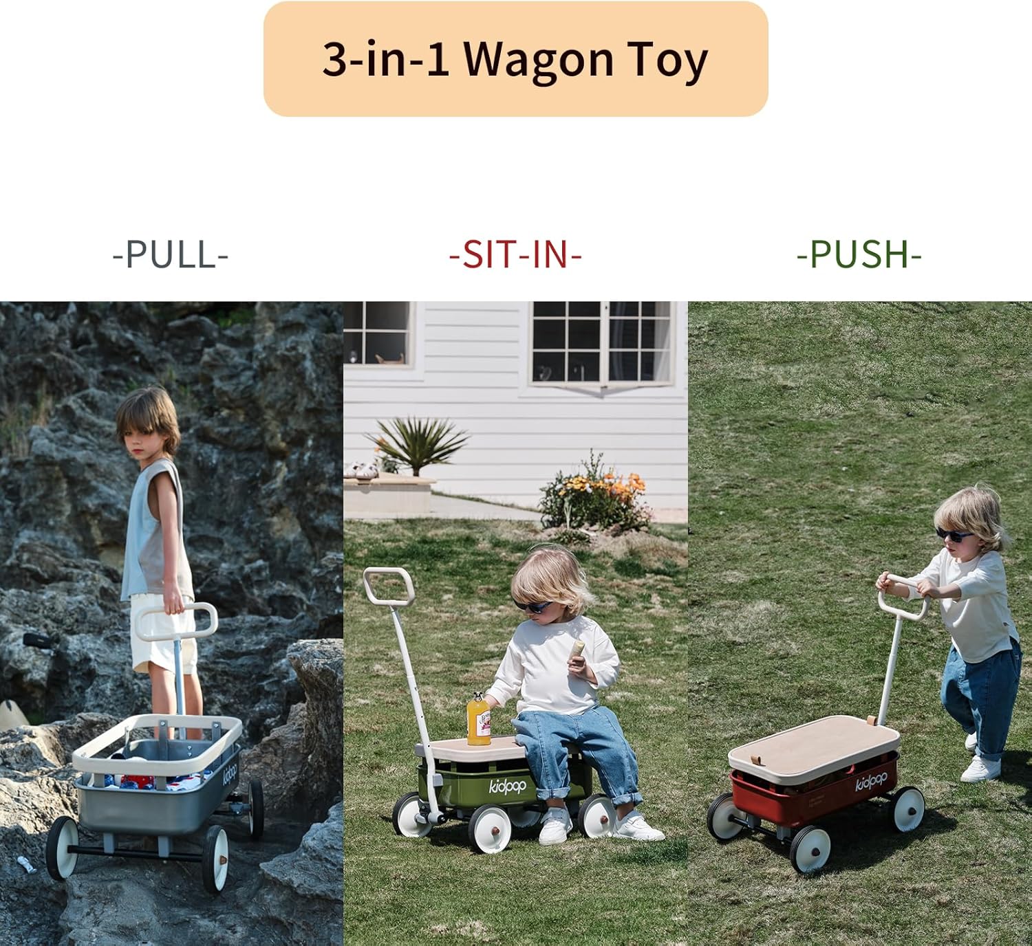 kidpop PULA-Wild 3-in-1 Kids' Pull-Along Wagon Toddlers Push Walker for 2.5-8, Removable Wooden