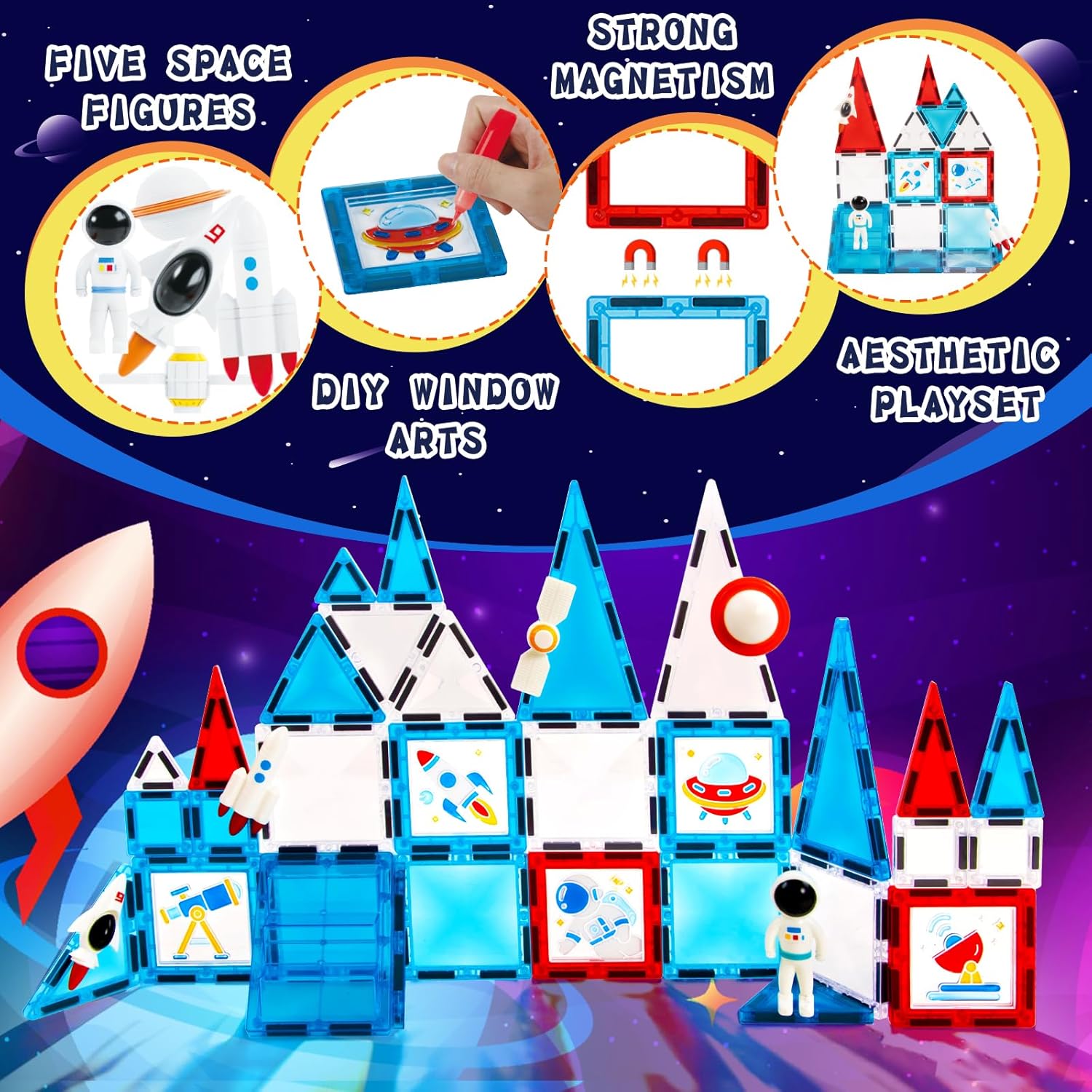 Magnetic Tiles - 58 Pcs Space Magnets Building Blocks Set - Sensory Travel Toys for Toddler - STEM