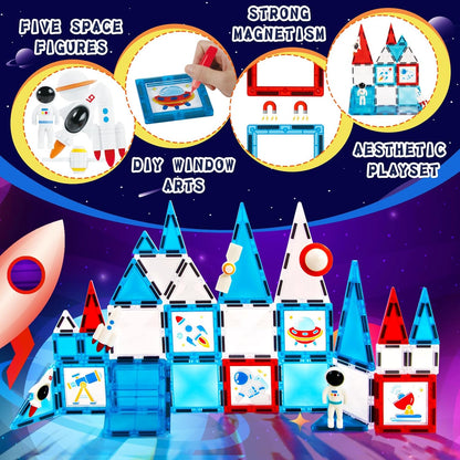 Magnetic Tiles - 58 Pcs Space Magnets Building Blocks Set - Sensory Travel Toys for Toddler - STEM