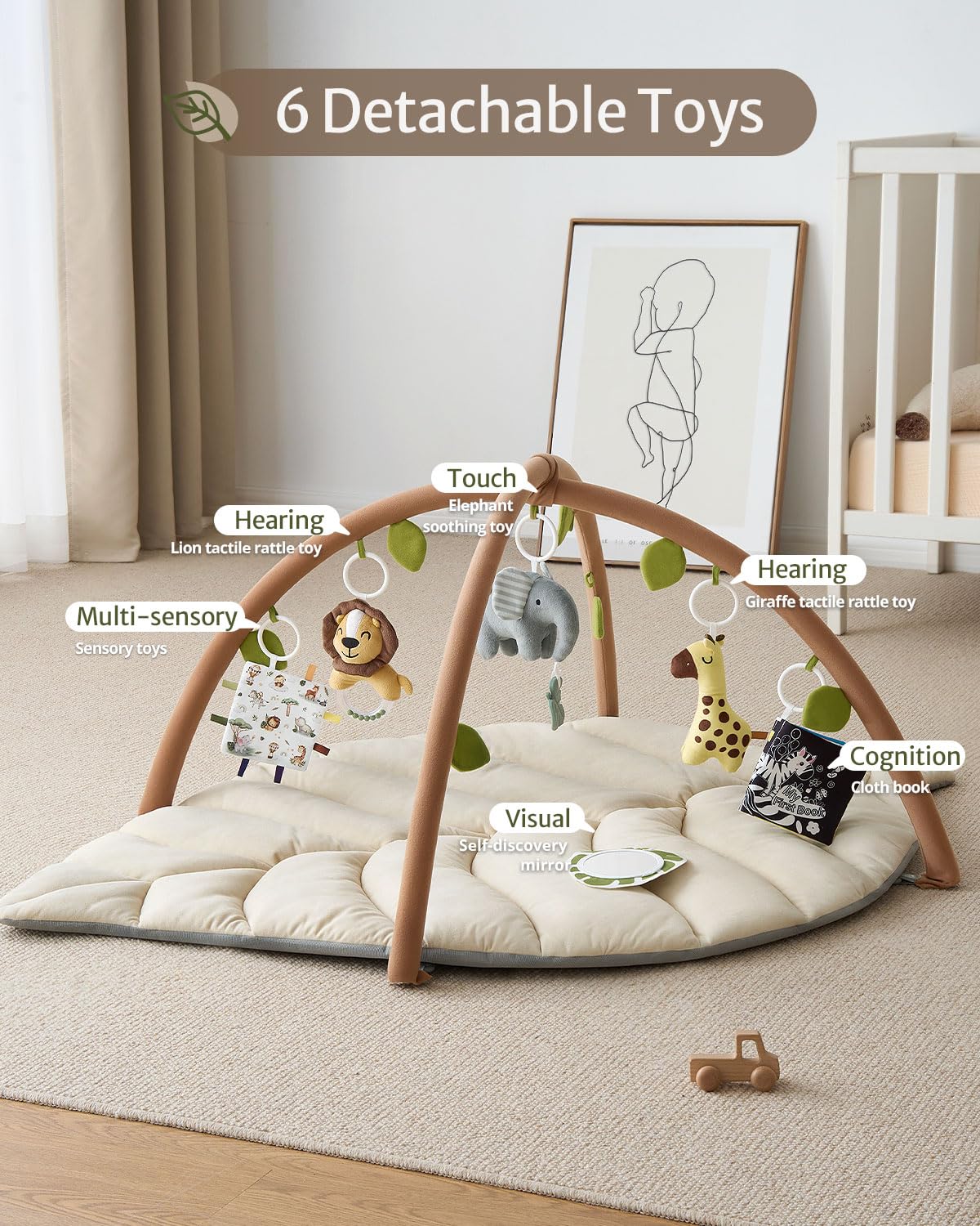 Blissful Diary Baby Play Gym & Activity Mat, Leaf Shaped Baby Tummy Time Play Mat with 6 Detachable