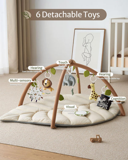 Blissful Diary Baby Play Gym & Activity Mat, Leaf Shaped Baby Tummy Time Play Mat with 6 Detachable