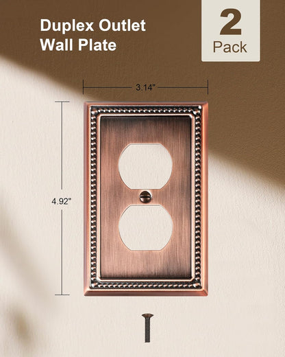 2-Pack Duplex Outlet Cover Plate, Antique Copper Metal Wall Plates for Electrical Outlets, 1 Gang