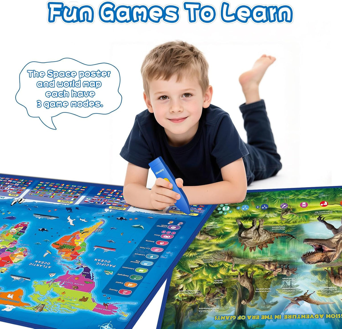 Bilingual Interactive Kids Talking World Map & Dinosaur Poster for Kids Learning and Educational