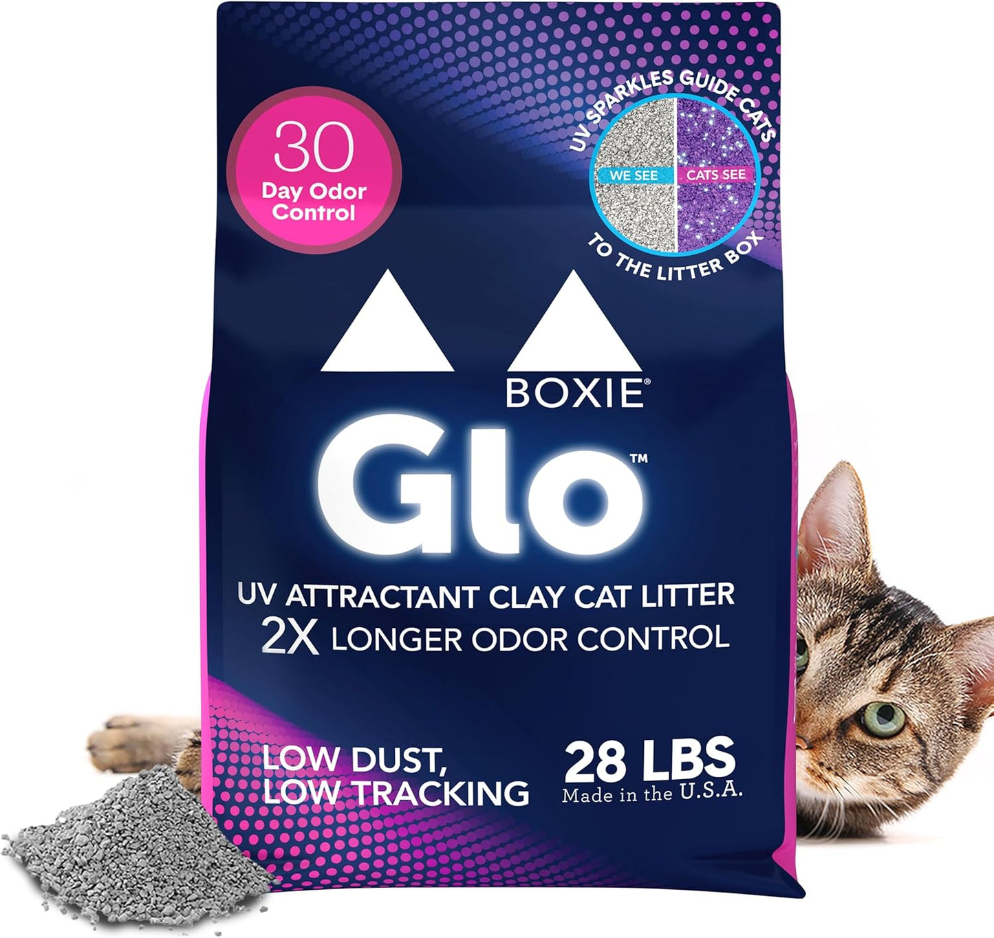 Boxie® Glo™ 30 Day Odor Control Clumping Clay Cat Litter, 28lb, Multi-Cat, 99.9% Dust-Free, Low
