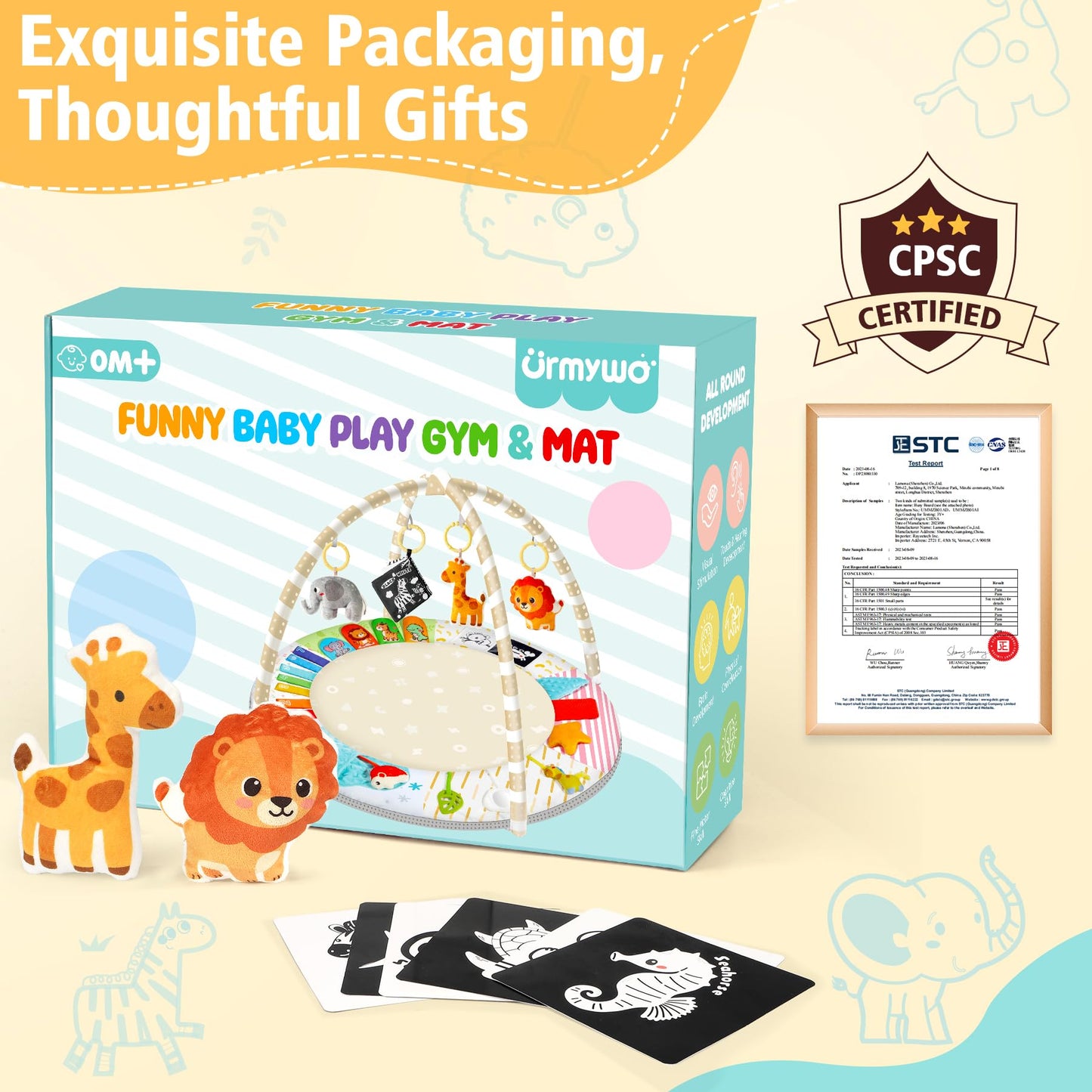 URMYWO Baby Play Gym Mat Tummy Time Mat with 5 Sensory Toys for 0-18 Months