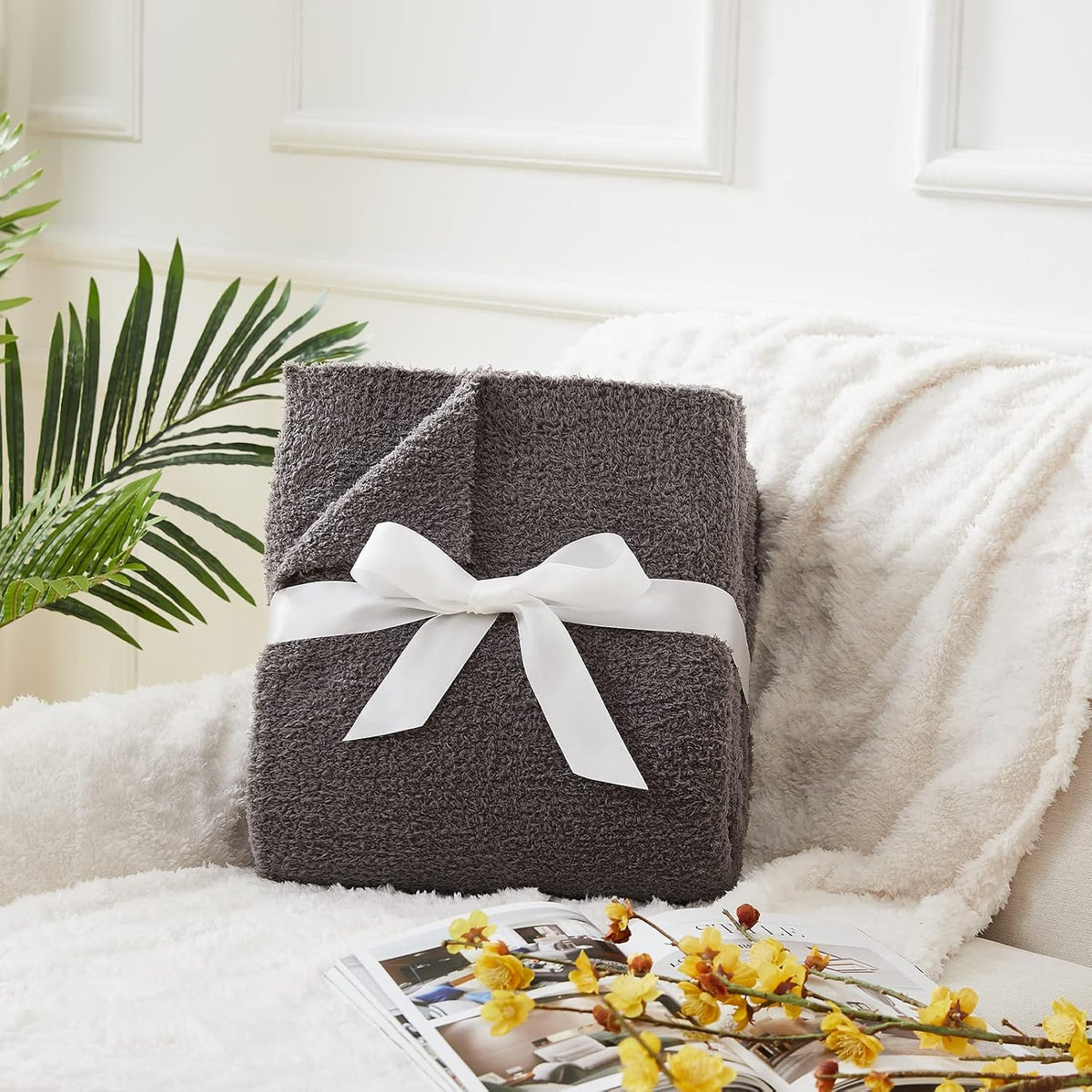CYMULA Knit Throw Blanket for Couch Dark Grey-Super Soft Lightweight Plush Fuzzy Fluffy Cozy