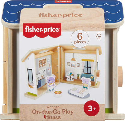 Fisher-Price Wood Pretend Play Toy Dollhouse, 6-Piece Wooden House Playset for Travel Preschool