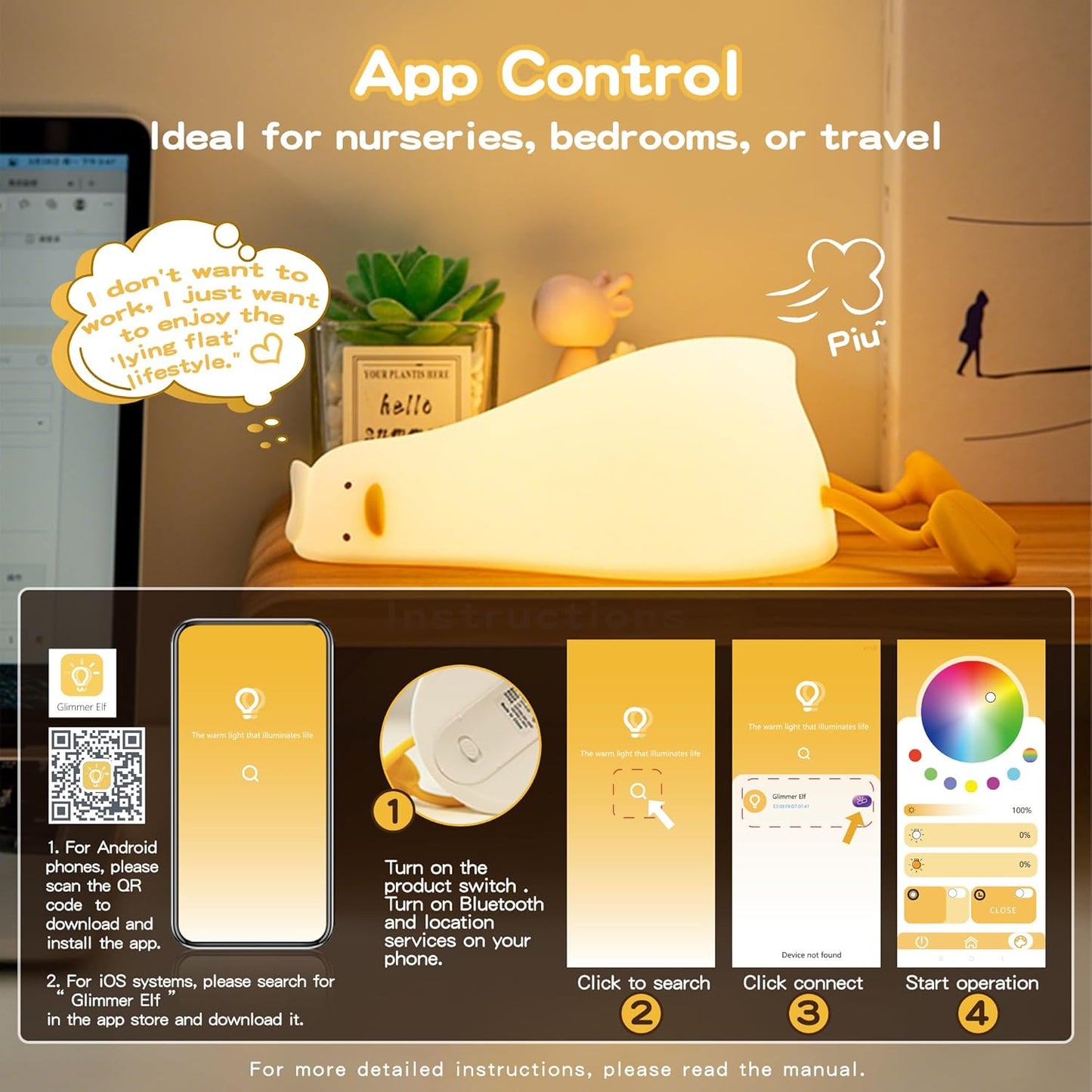 Cute Duck Night Light with Color Changing, APP/Tap Control Fun Lying Flat Ducky Lamp with Blind Box