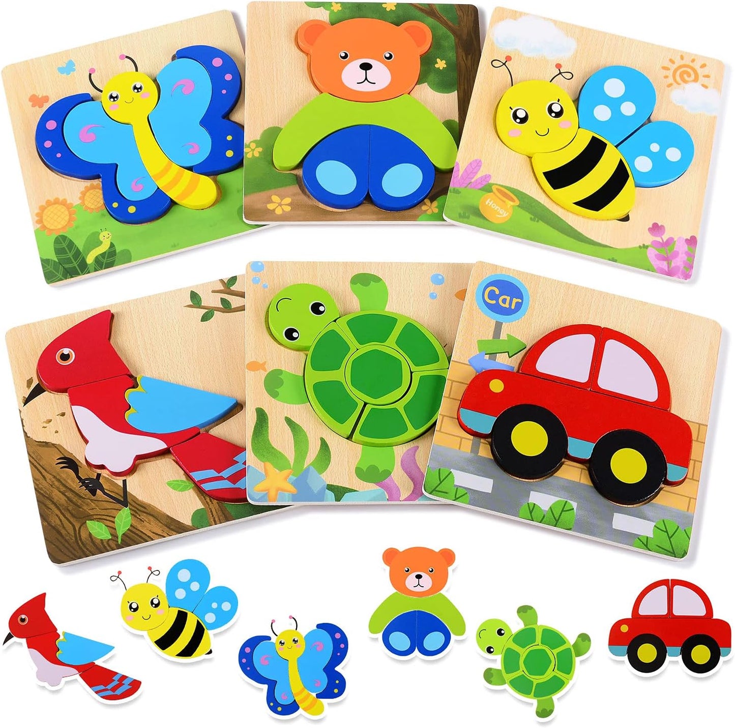 MAGIFIRE Wooden Puzzles for Toddlers 1-3 - 6-Pack Multicolor Animal & Car Puzzles - Toddler