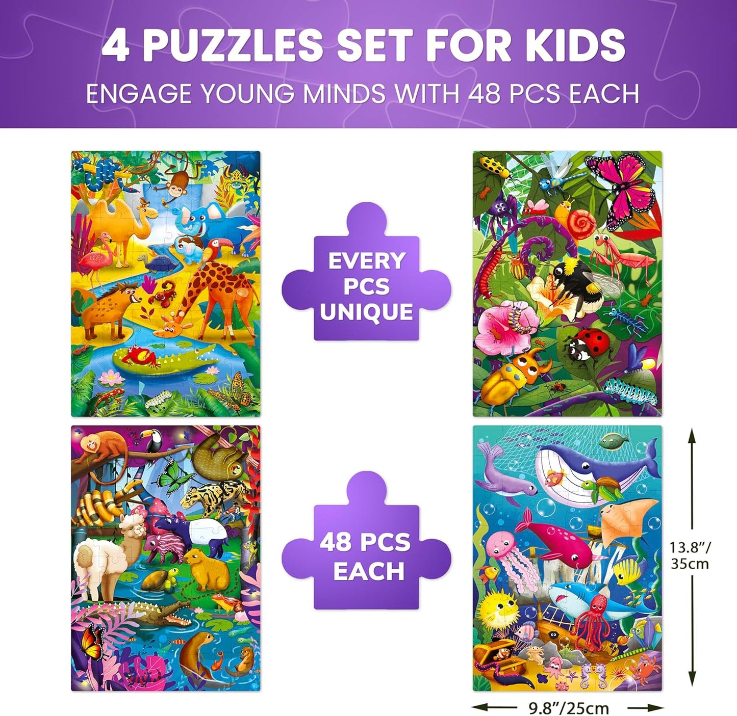 QUOKKA Puzzles for Toddlers 4-6 – 4 x 48 Pieces Jigsaw Puzzles for Kids Ages 3-5 – Learning