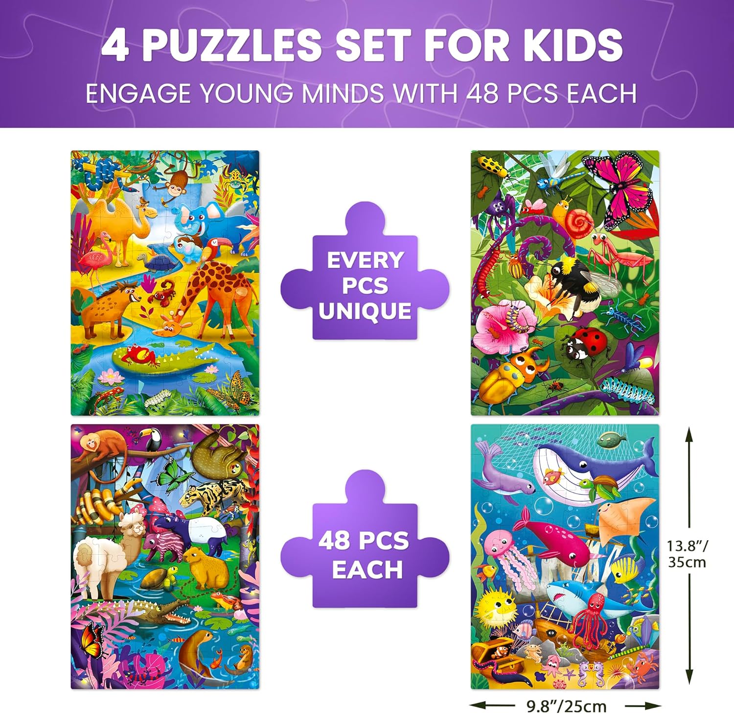 QUOKKA Puzzles for Toddlers 4-6 – 4 x 48 Pieces Jigsaw Puzzles for Kids Ages 3-5 – Learning