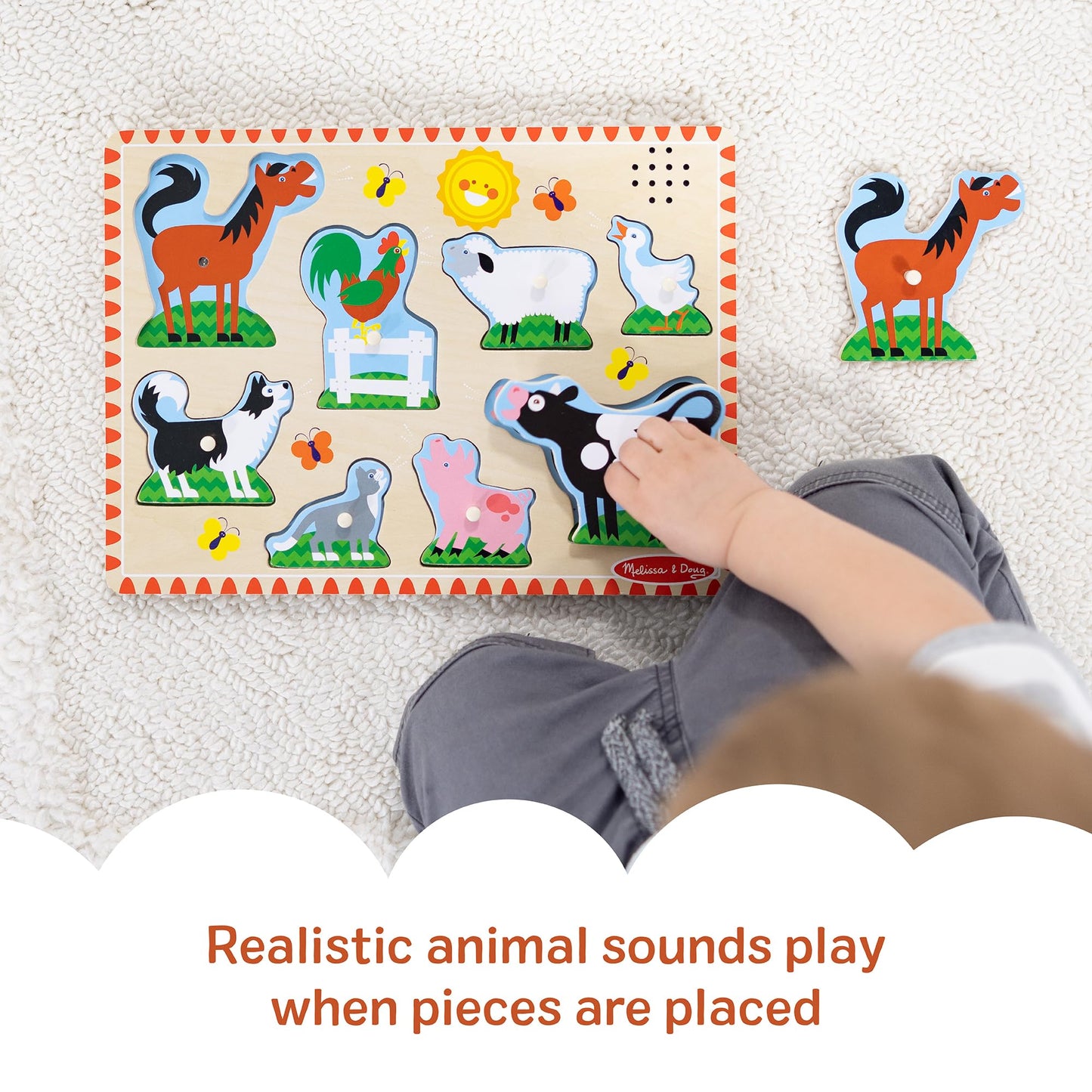 Melissa & Doug Farm Animals Sound Puzzle – 8-Piece Wooden Peg Puzzle with Light-Activated Sounds