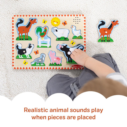 Melissa & Doug Farm Animals Sound Puzzle – 8-Piece Wooden Peg Puzzle with Light-Activated Sounds