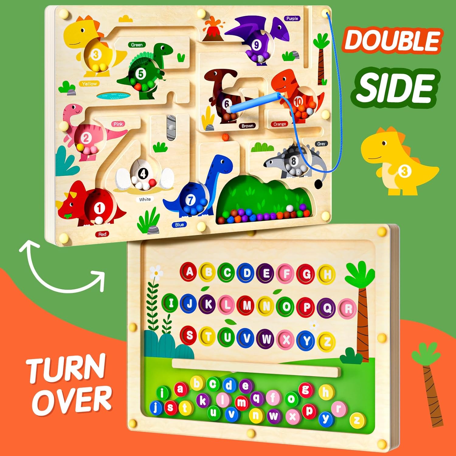 2 in 1 Magnetic Color and Number Maze Double-Sided ABC Alphabet Puzzles Board Magnet Dinosaur