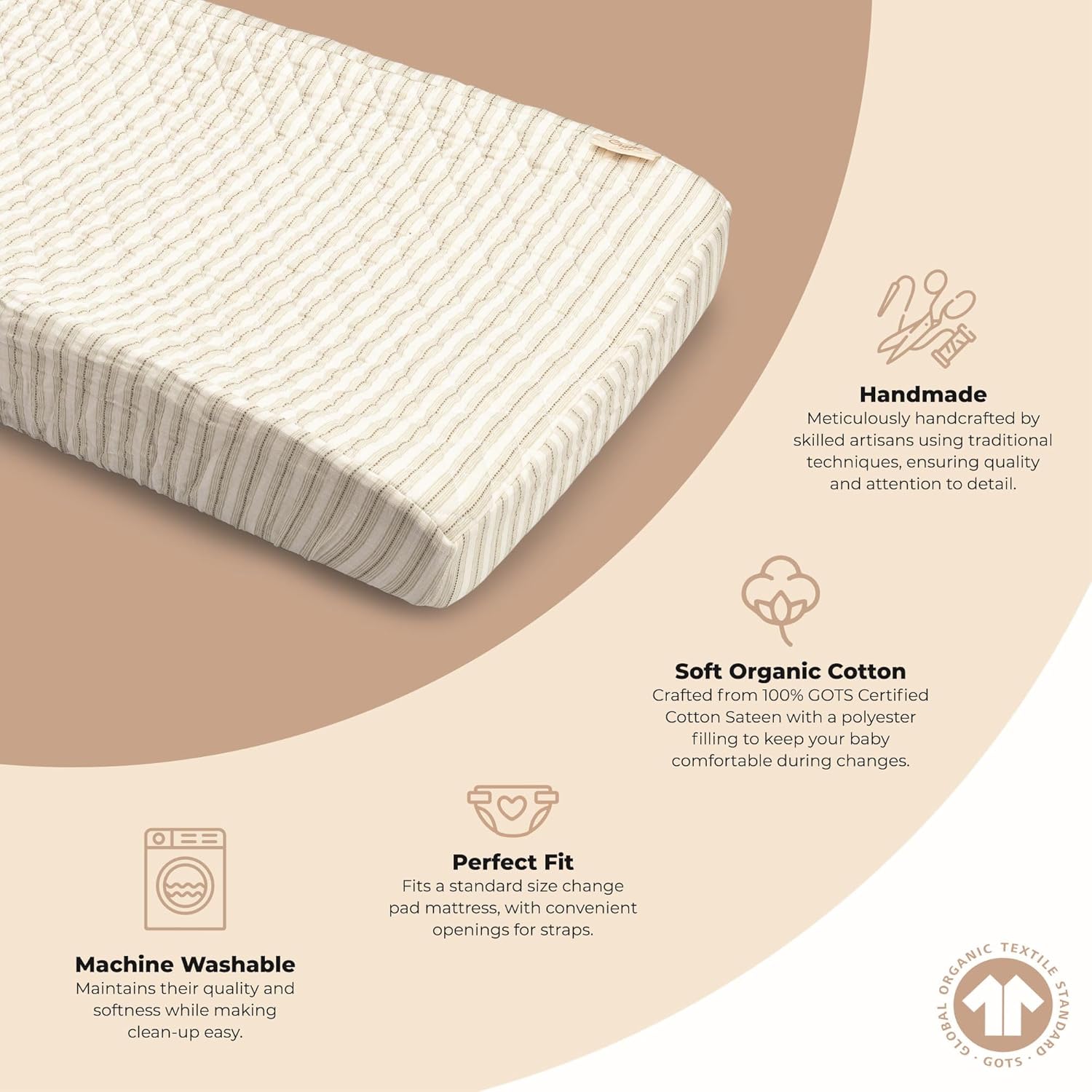Crane Baby 100% Organic Cotton Change Pad Cover, Neutral Stripe Pattern for Boys, Girls, Unisex