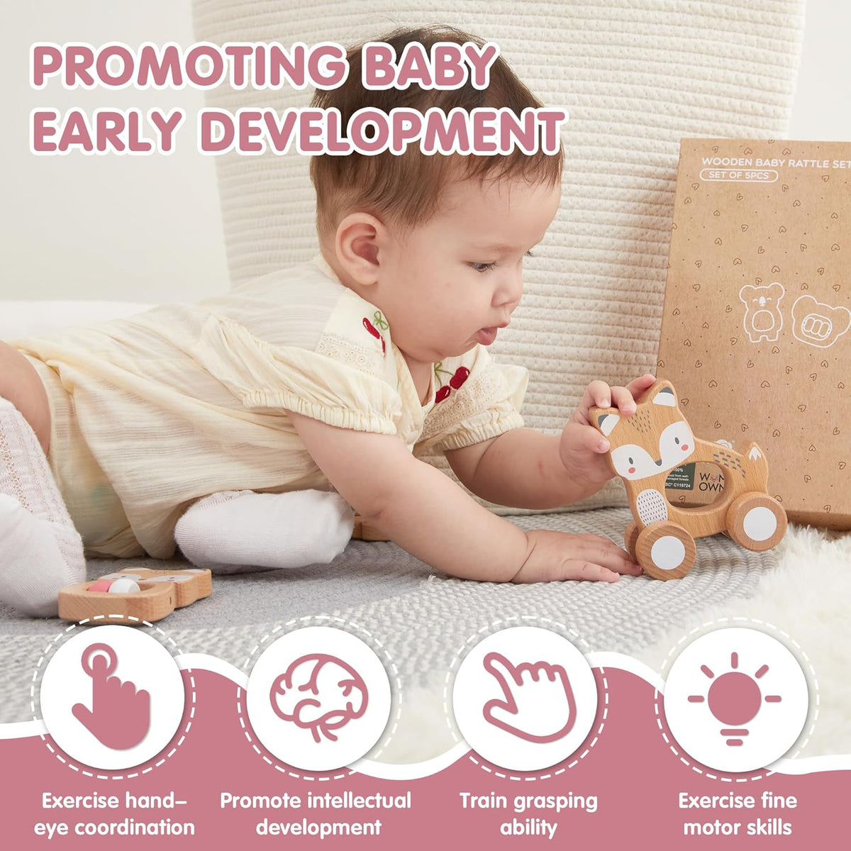 Freniland Wooden Montessori Toys, 5-Piece Wooden Baby Toys, Koala Wooden Baby Rattle, Fox Stacking