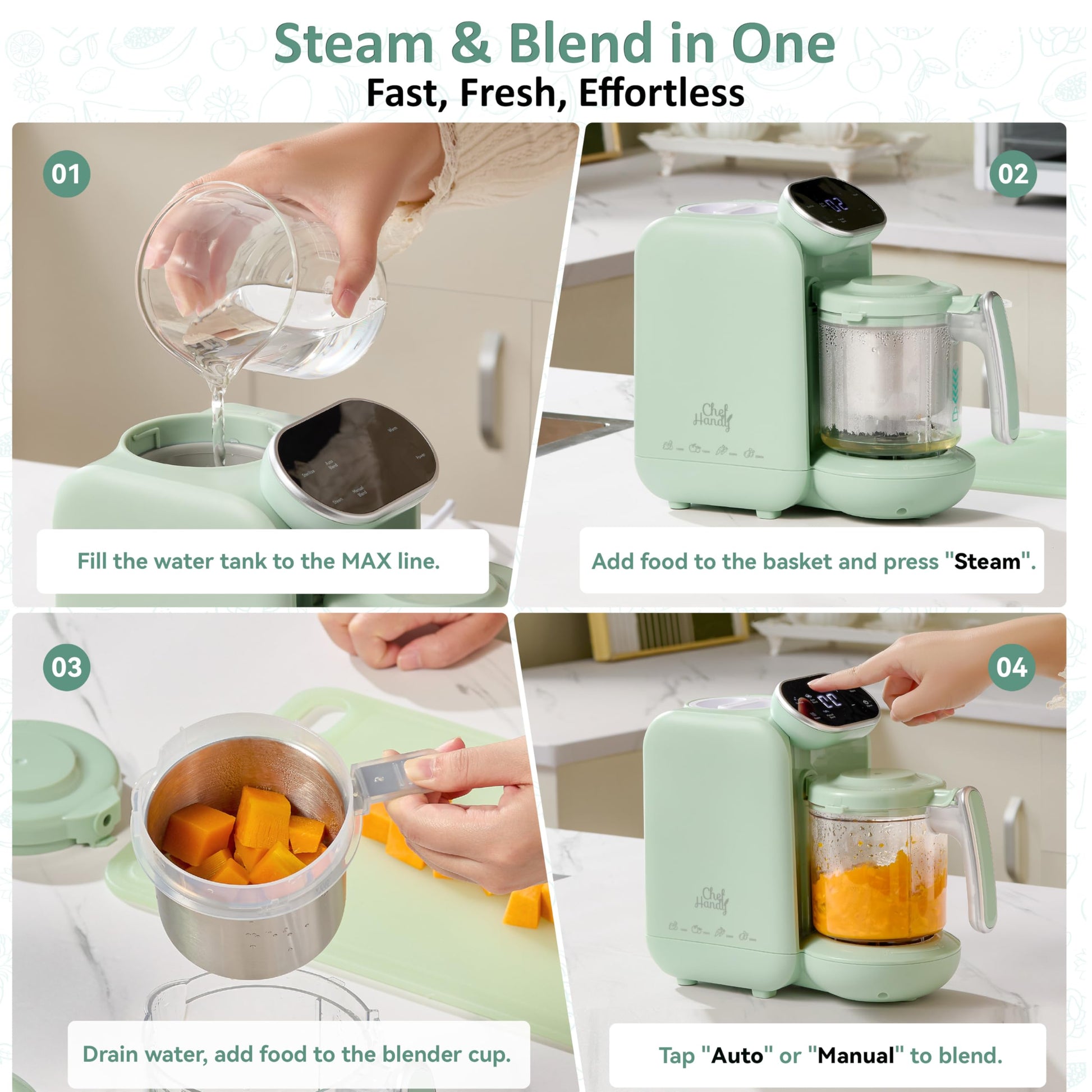 Chefhandy 5-in-1 Baby Food Maker with Stainless Steel Steam Basket, Green