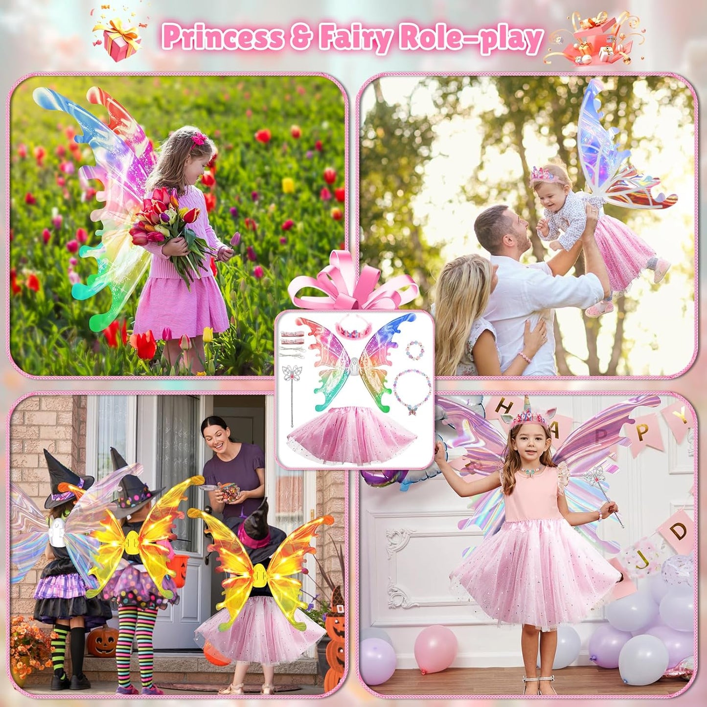 Princess Dress up Costume with Electric Fairy Wings for Girls 3-8, Light Up Moving Butterfly Wings