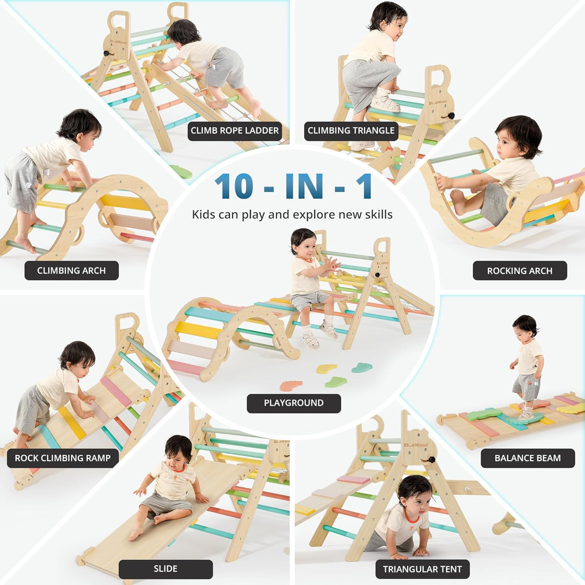 BlueWood 10-in-1 Pikler Triangle Set, Toddler Climbing Toys Indoor, Montessori Climber, Baby Jungle