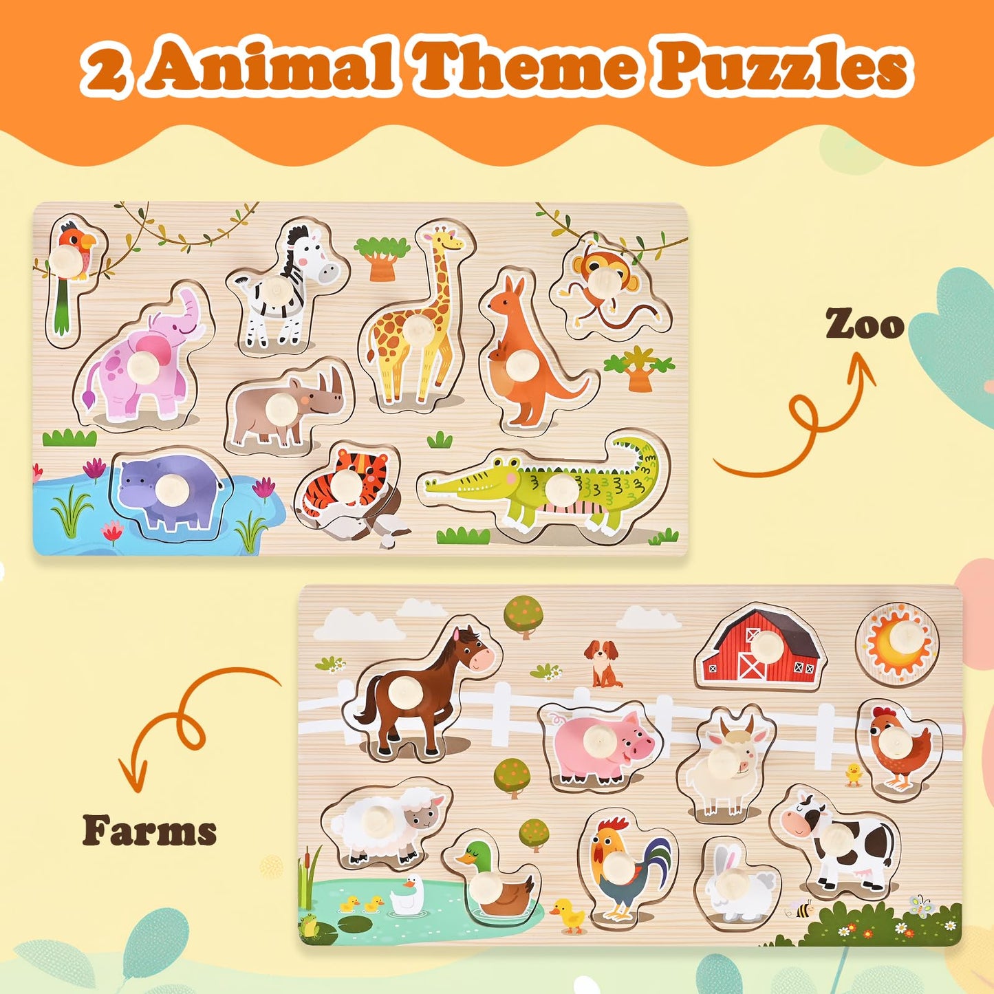 WoodTrove Wooden Peg Puzzles for Toddlers 1-3, 2 Pcs Montessori Puzzles, Zoo & Farm Animal Puzzles