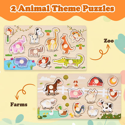WoodTrove Wooden Peg Puzzles for Toddlers 1-3, 2 Pcs Montessori Puzzles, Zoo & Farm Animal Puzzles