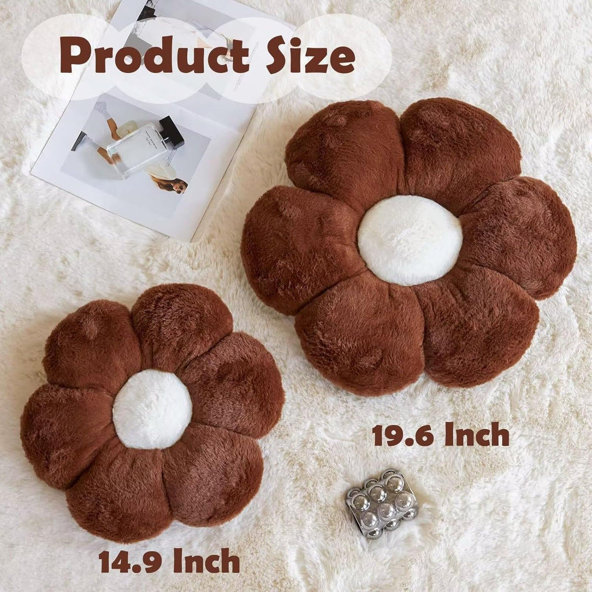 Brown Flower Plus Plush Throw Pillow with Faux Rabbit Fur, 19.6" Soft Decorative Flower-Shaped