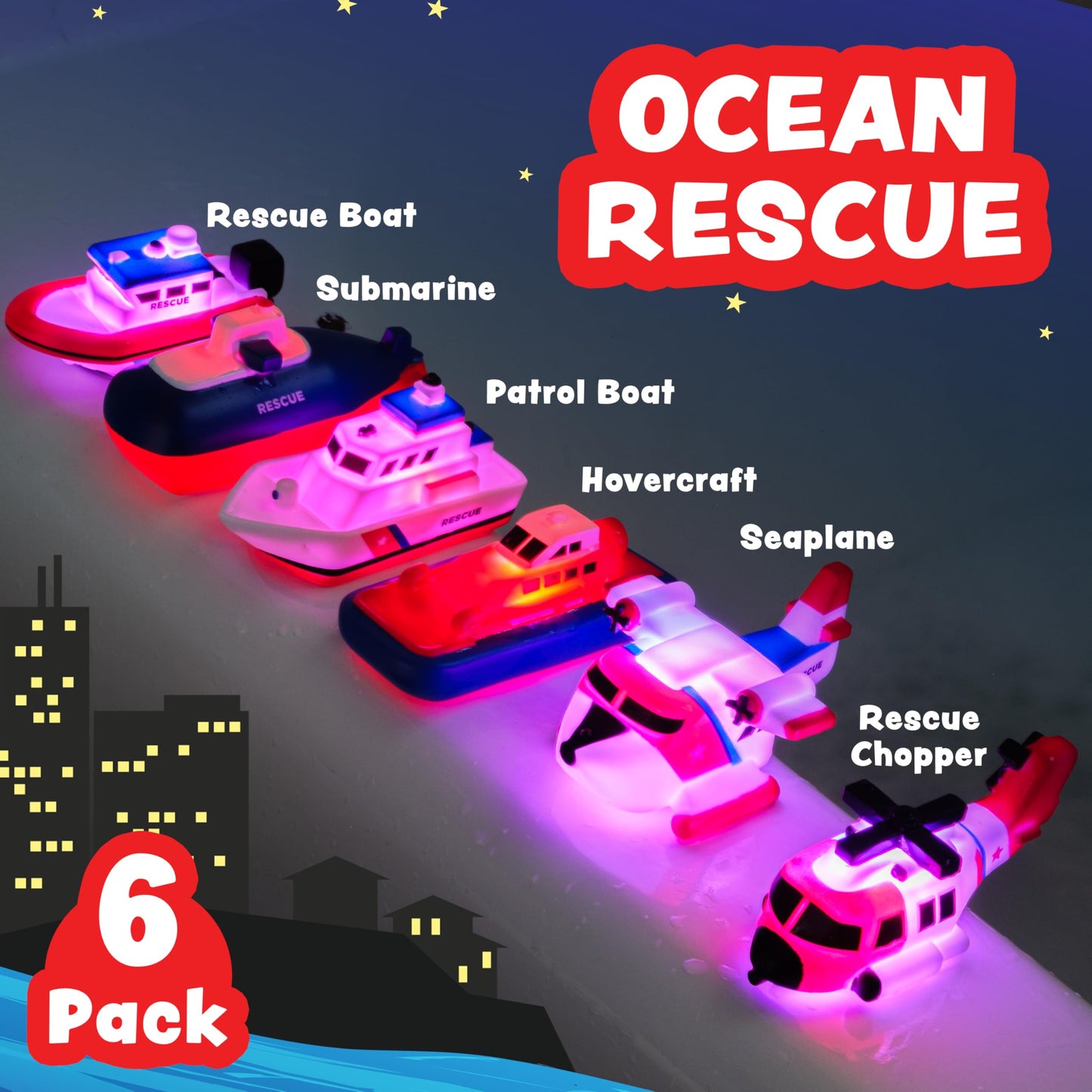 Tub Works® Ocean Rescue™ Vehicles Light Up Bath Toys, 6 Pack | Water-Activated Light Up Toys Flash