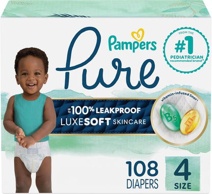Pampers Pure Protection Baby Diapers, Size 4 (22-37 lbs), 108 Count, Up to 100% Leakproof, Premium