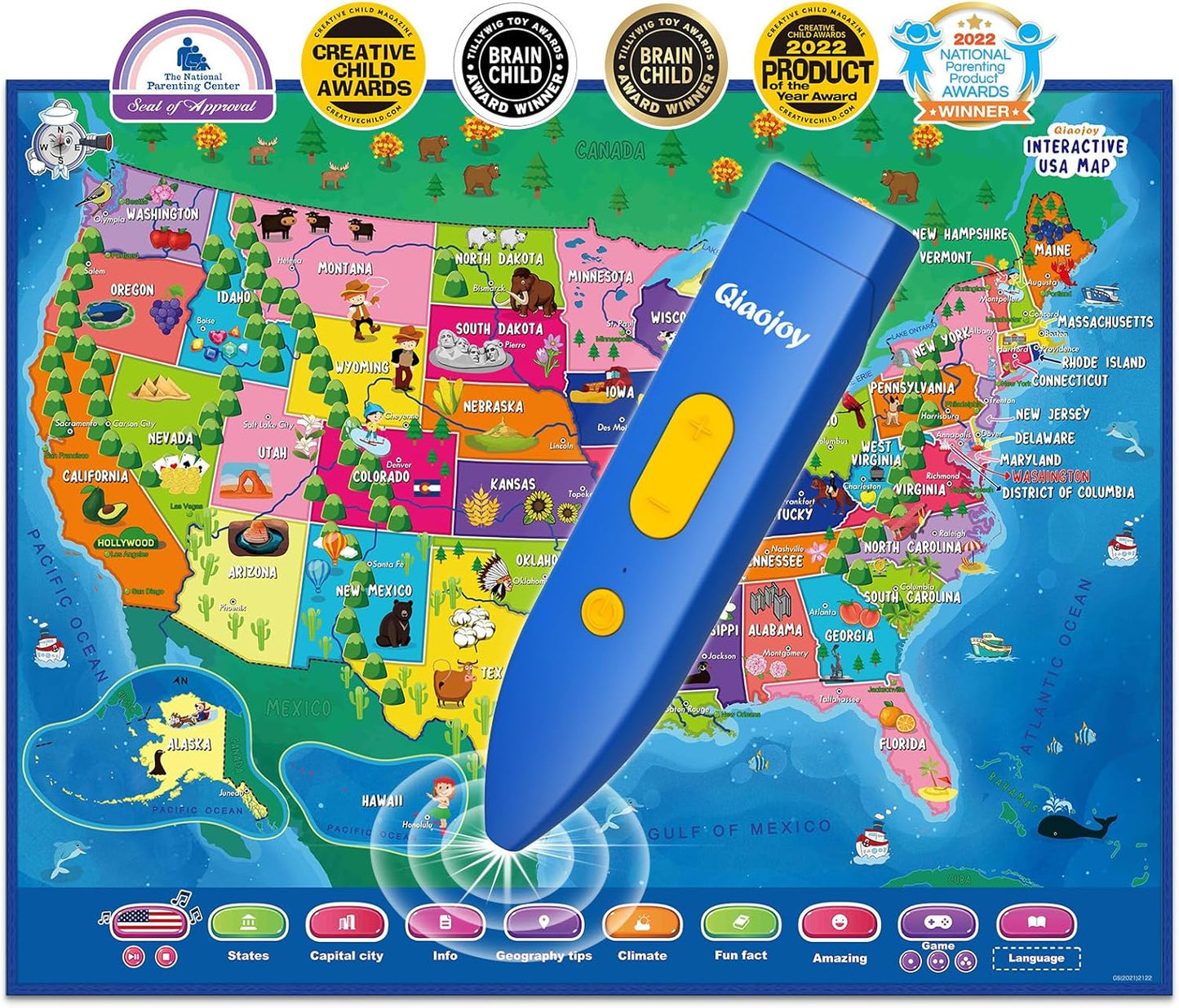 Bilingual Interactive for Kids Talking USA Map for Kids Learning, Geography Toys Games Educational