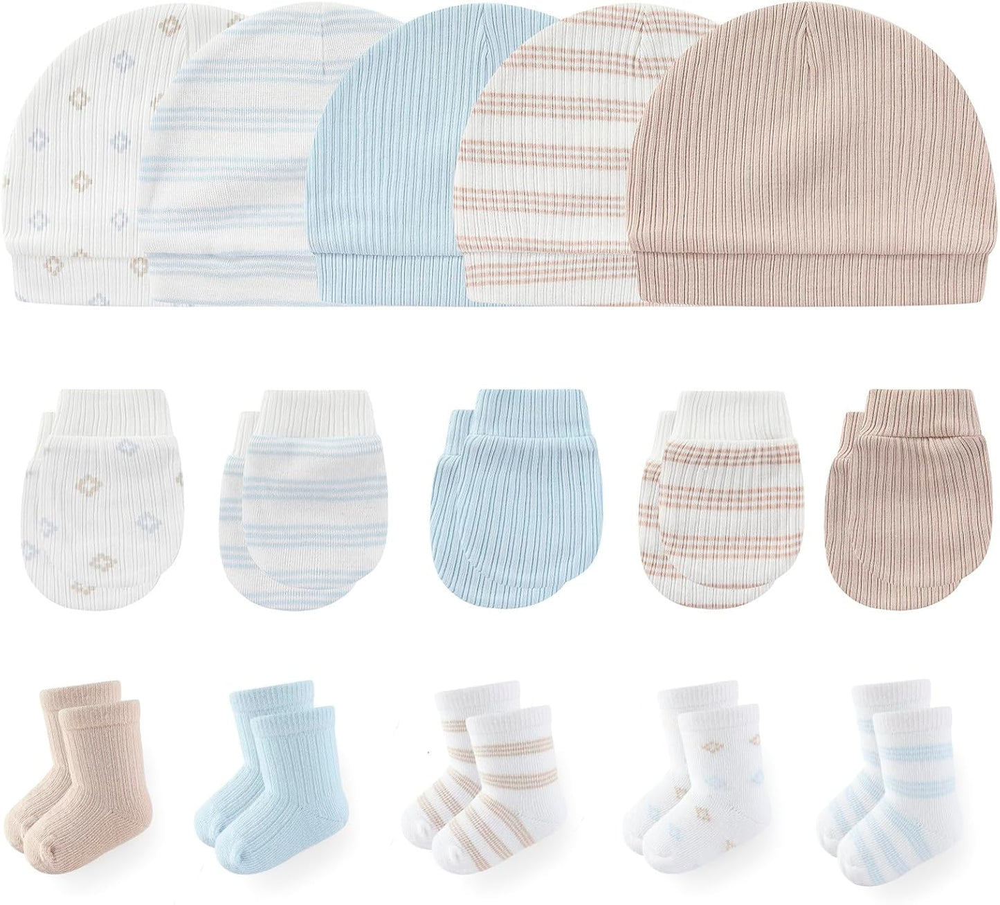 Newborn Baby Boy Girl Caps Mittens Socks Set Cotton Baby Essentials Accessories (Hats+Gloves+Socks)