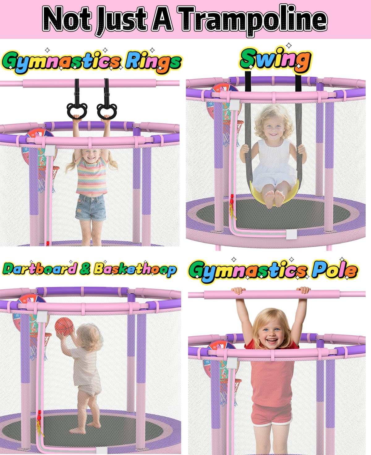 60" 6-in-1 Kids Trampoline, 5ft Mini Toddler Trampoline for Girls Boys