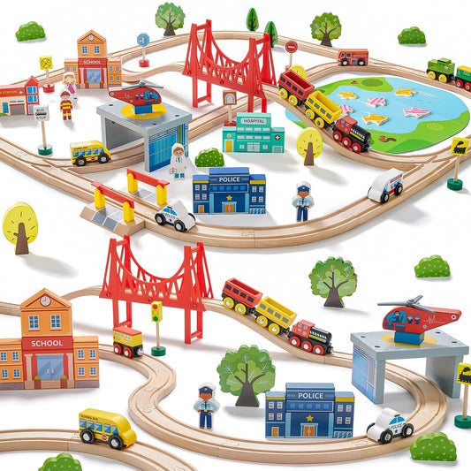 Tiny Land 110PCS Wooden Train Set, Toy Train with Tracks
