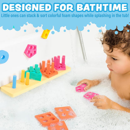 Tub Works® Splash, Stack & Sort™ Shape Sorter & Stacking Toddler Bath Toy | 20 Foam Pieces | Color