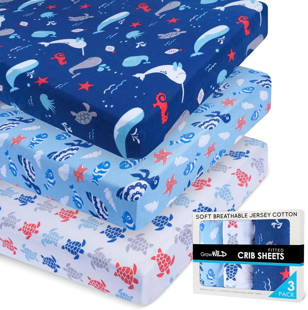 GROW WILD Blue Ocean Baby Crib Sheets for Boys (3 Pack) - Jersey Knit Fitted Sheet (52" x 28")