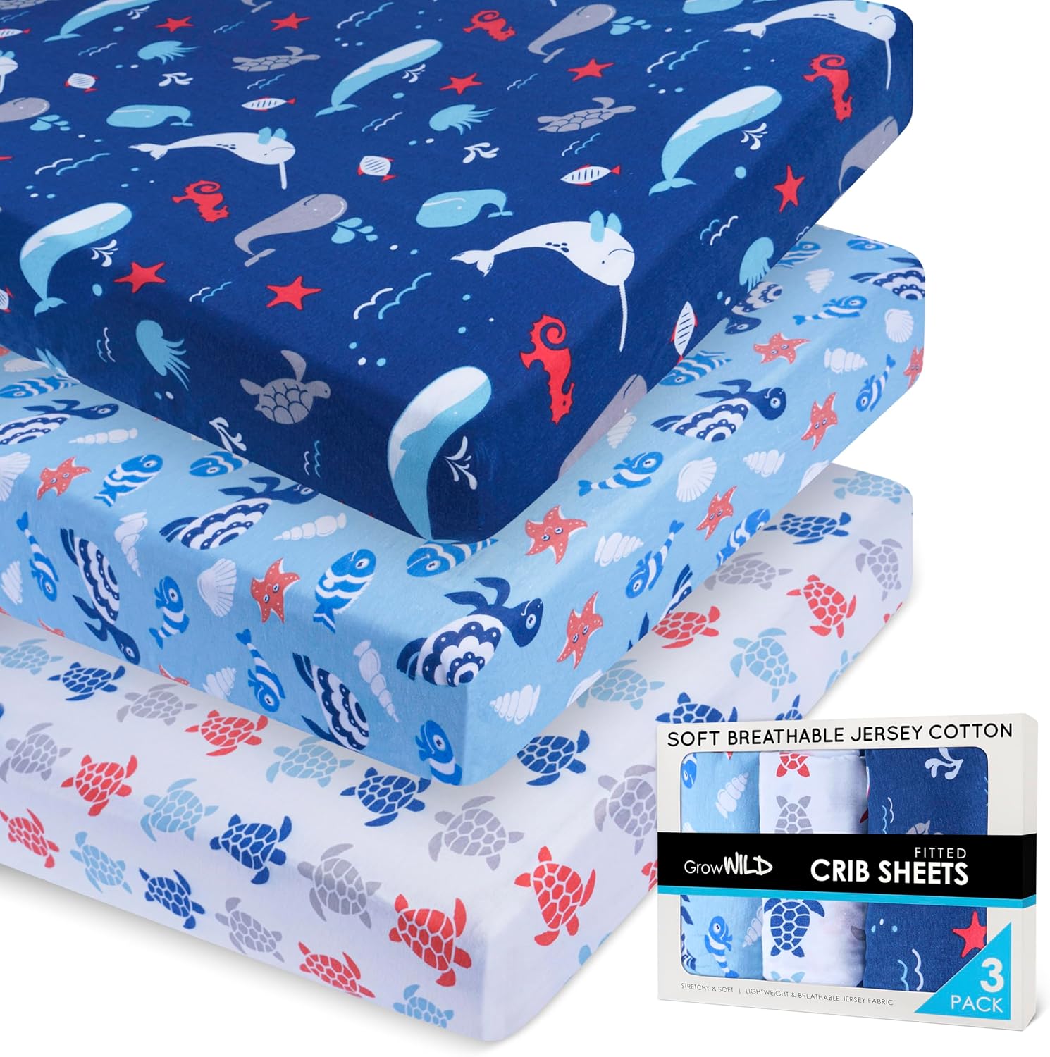 GROW WILD Blue Ocean Baby Crib Sheets for Boys (3 Pack) - Jersey Knit Fitted Sheet (52" x 28")