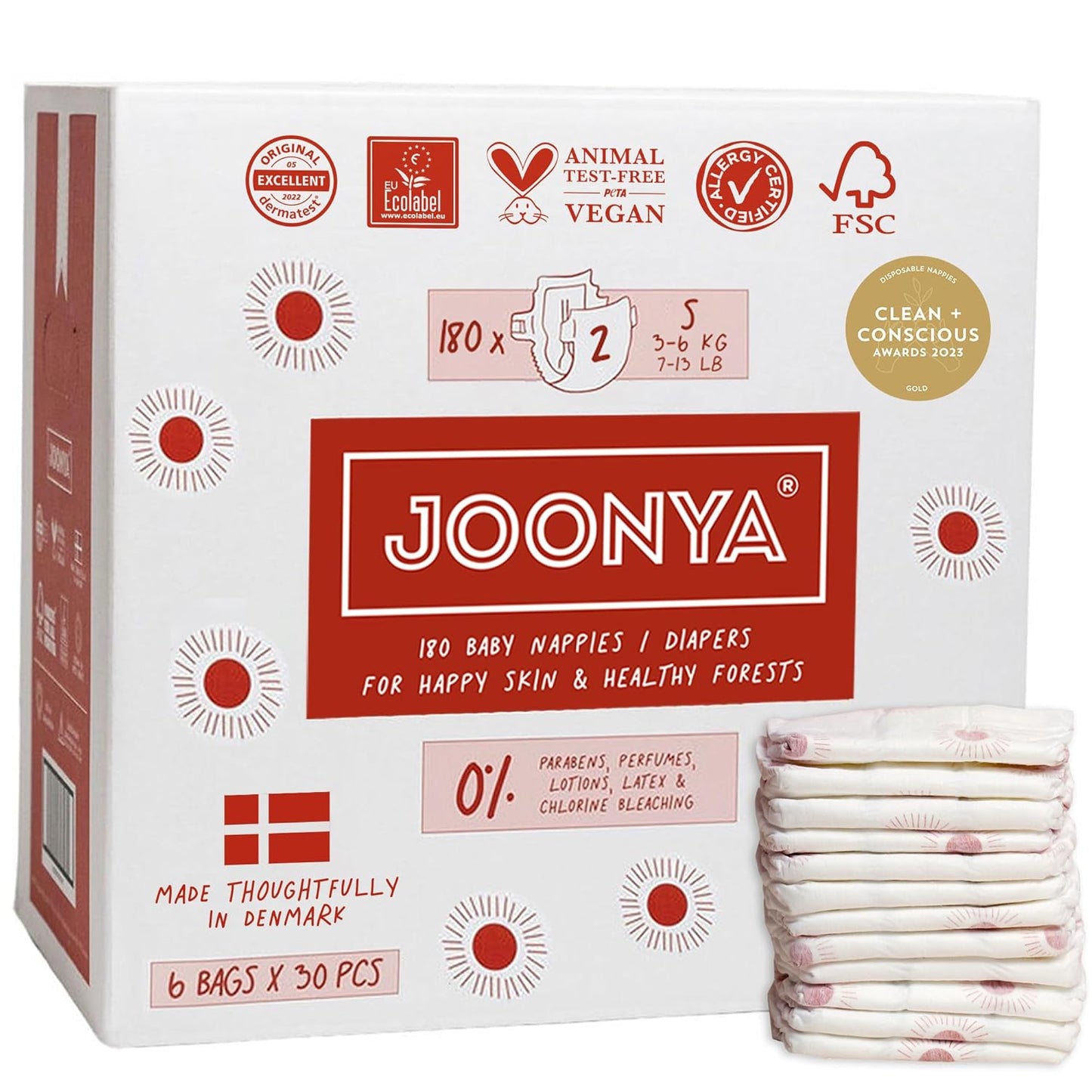 Joonya Baby Diapers, Size 2 S (7-13 lb) - 6 Bags of 30 (180) - New Range - NonToxic, Eco-Friendly