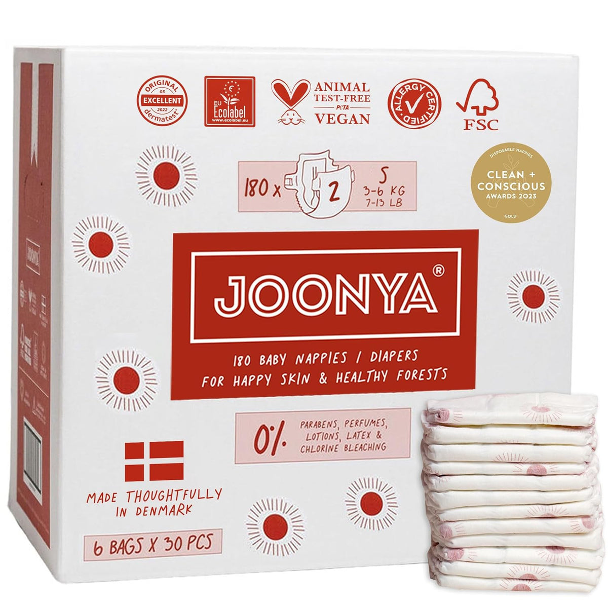 Joonya Baby Diapers, Size 2 S (7-13 lb) - 6 Bags of 30 (180) - New Range - NonToxic, Eco-Friendly