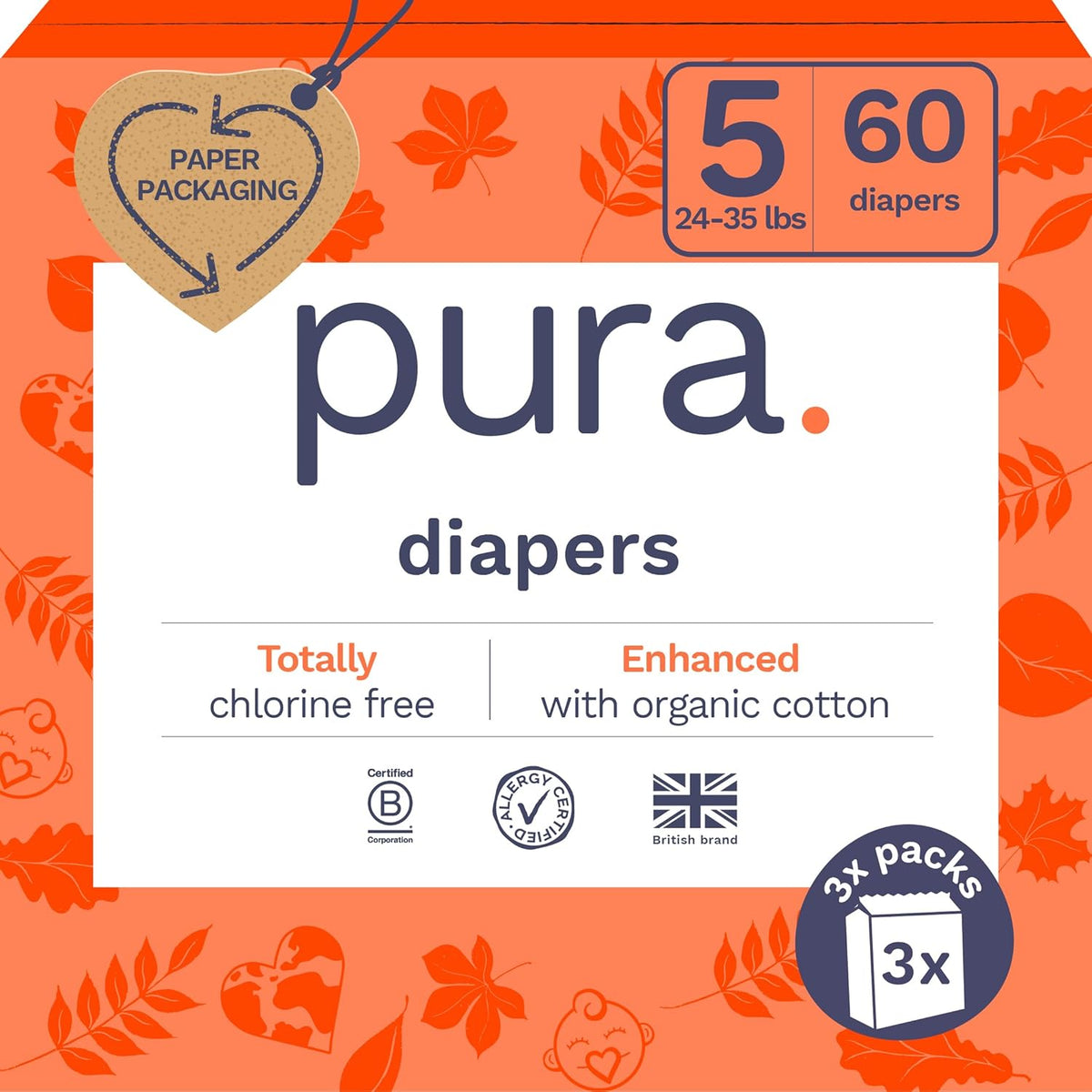 Pura Size 5 Eco-Friendly Diapers (24-35 lbs) Totally Chlorine Free (TCF) Hypoallergenic, Soft