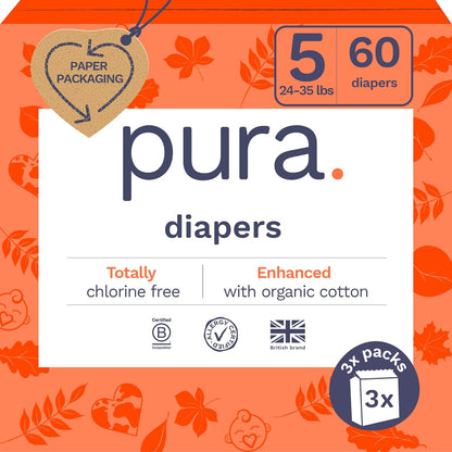 Pura Size 5 Eco-Friendly Diapers (24-35 lbs) Totally Chlorine Free (TCF) Hypoallergenic, Soft