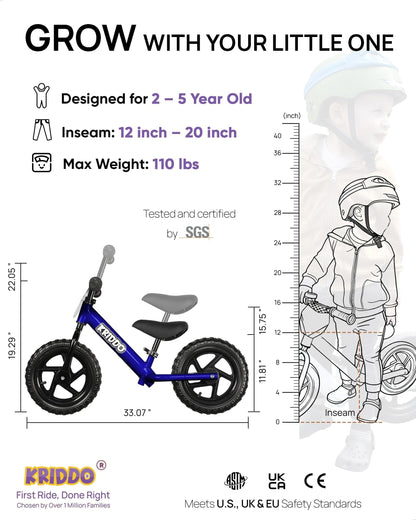 KRIDDO Toddler Balance Bike 2 Year Old, Gift for 2-3 Boys Girls, Adjustable