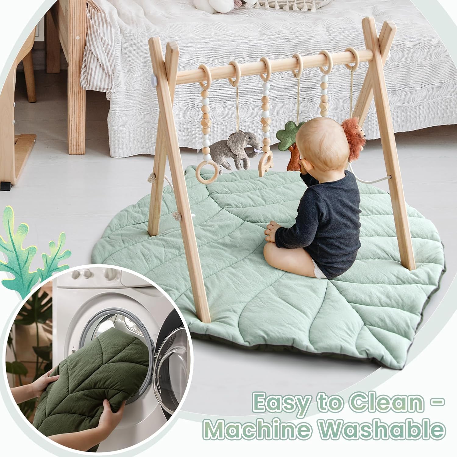 Razee Wooden Baby Play Gym Activity Mat, Leaf Shaped Play Mat Baby Gym with 6 Hanging Sensory Toys