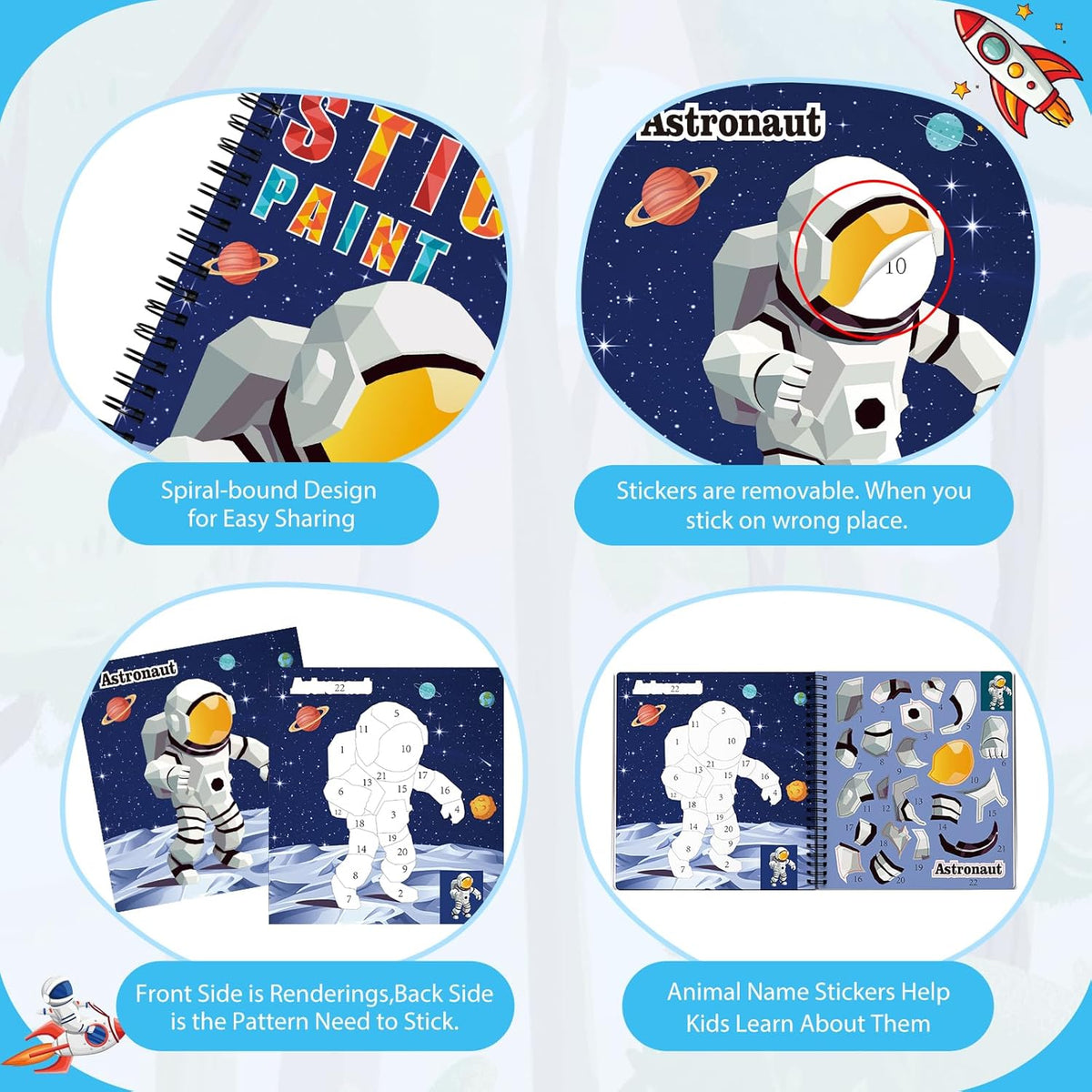 homicozy 3PCS Sticker Paint Books for Kids Ages 4-10,Dinosaur Astronaut Ocean Animals Designs Paint