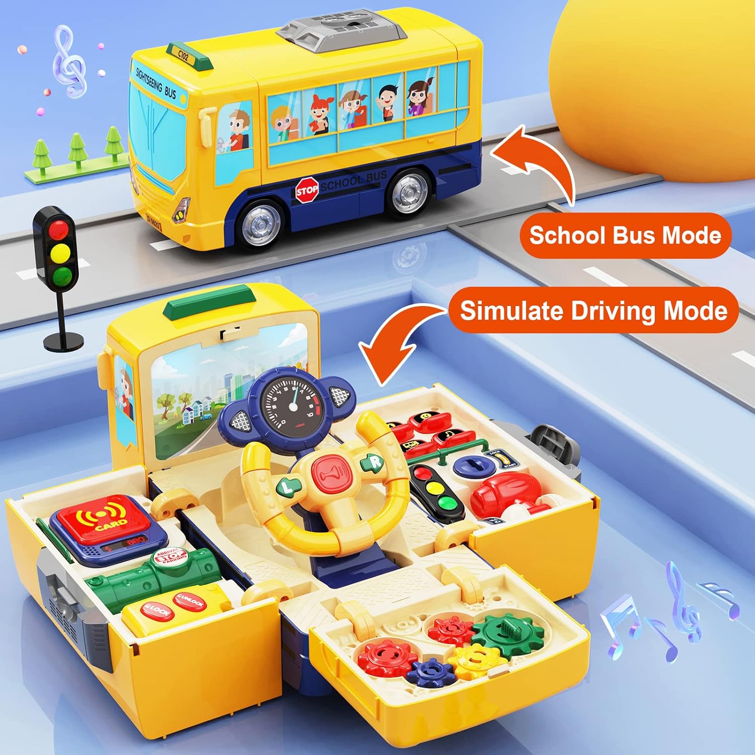 HONGTUO School Bus Toy with Sound and Light Simulation Steering Wheel Driving Toy Toddlers School