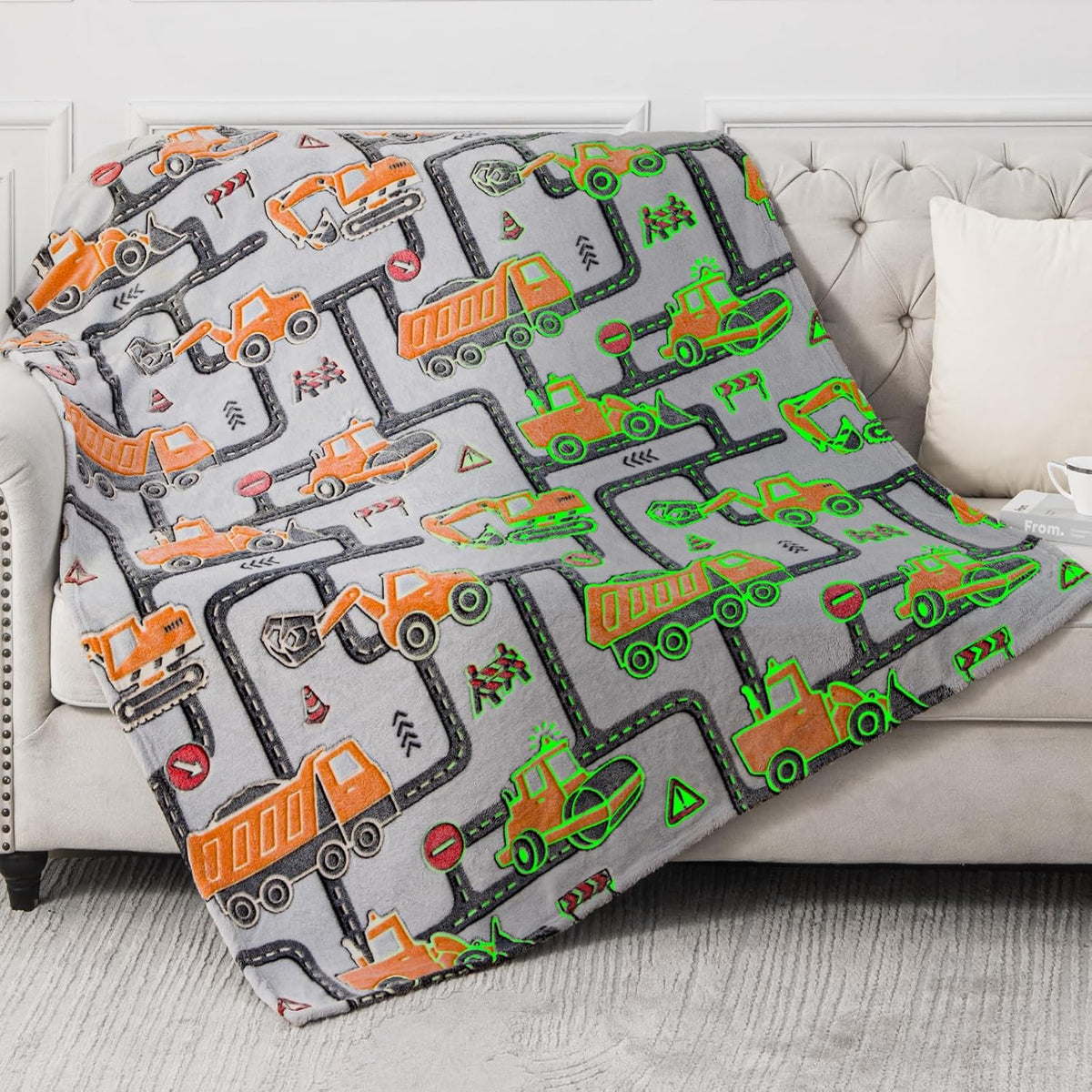Construction Truck Toys Gifts for Boys - Glow in The Dark Excavator Blanket Birthday Easter