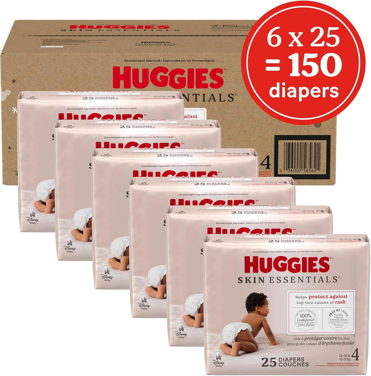 Huggies Size 4 Diapers, Skin Essentials Baby Diapers, Size 4 (22-37 lbs), 150 Count (6 Packs of