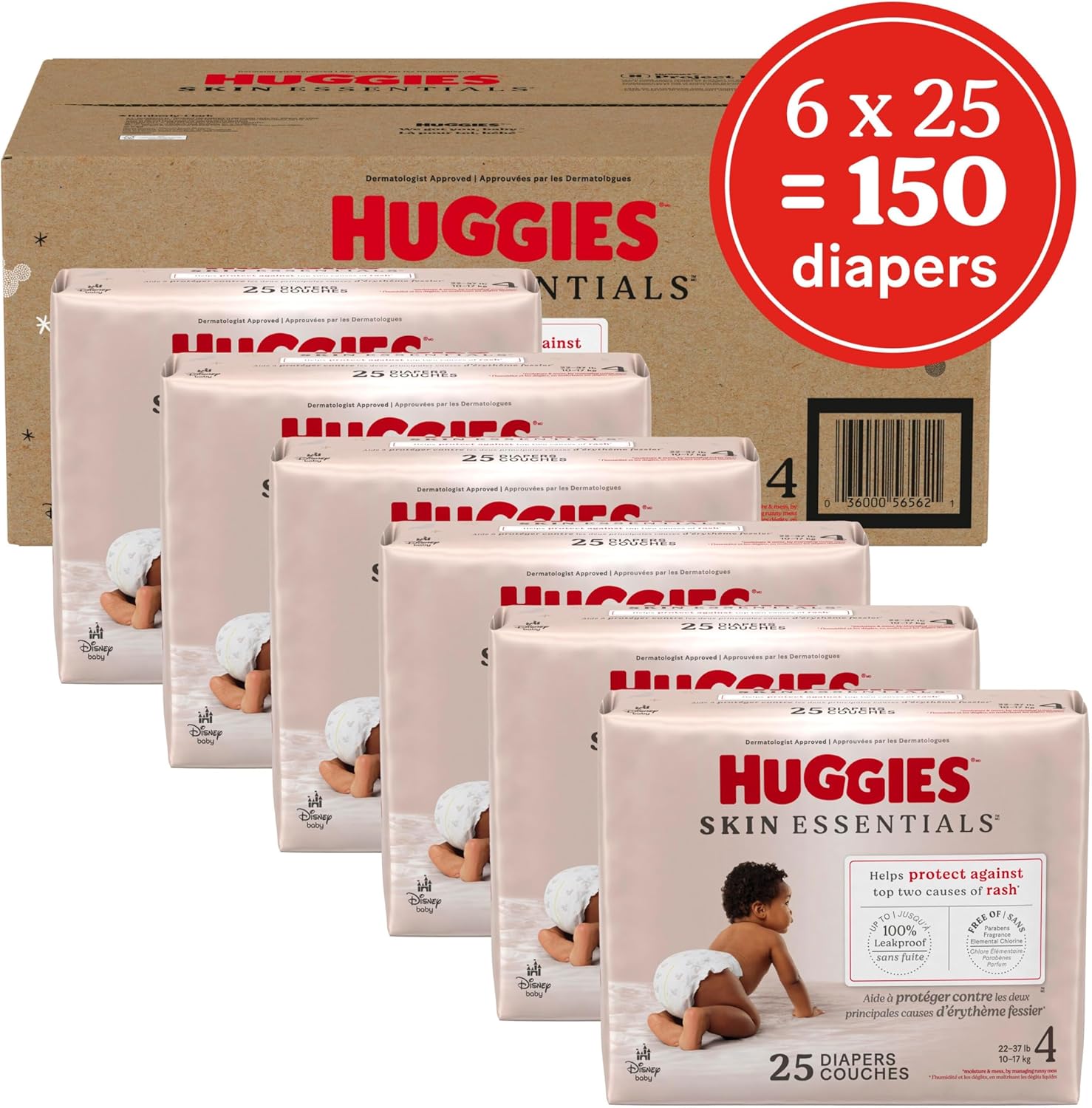 Huggies Size 4 Diapers, Skin Essentials Baby Diapers, Size 4 (22-37 lbs), 150 Count (6 Packs of