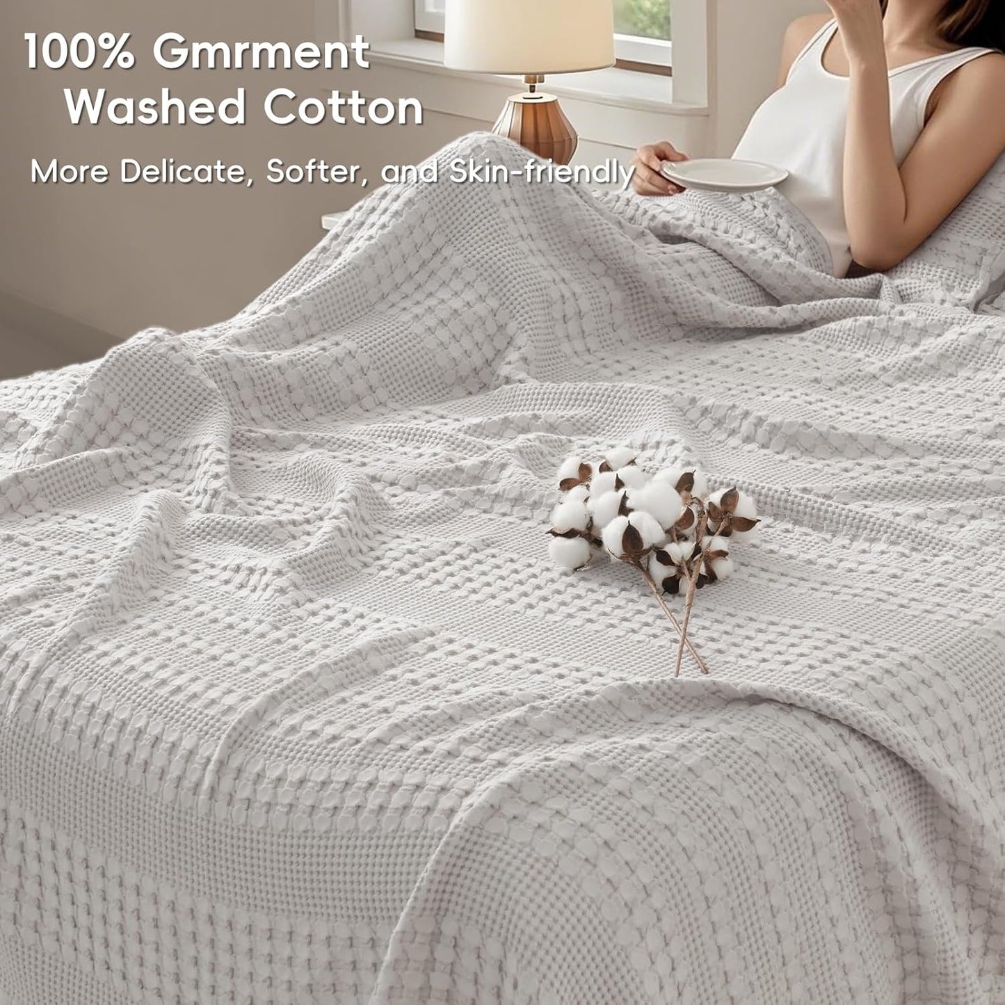 PHF 100% Cotton Waffle Weave Blanket Queen Size, Soft Lightweight Breathable Cozy Summer Blankets