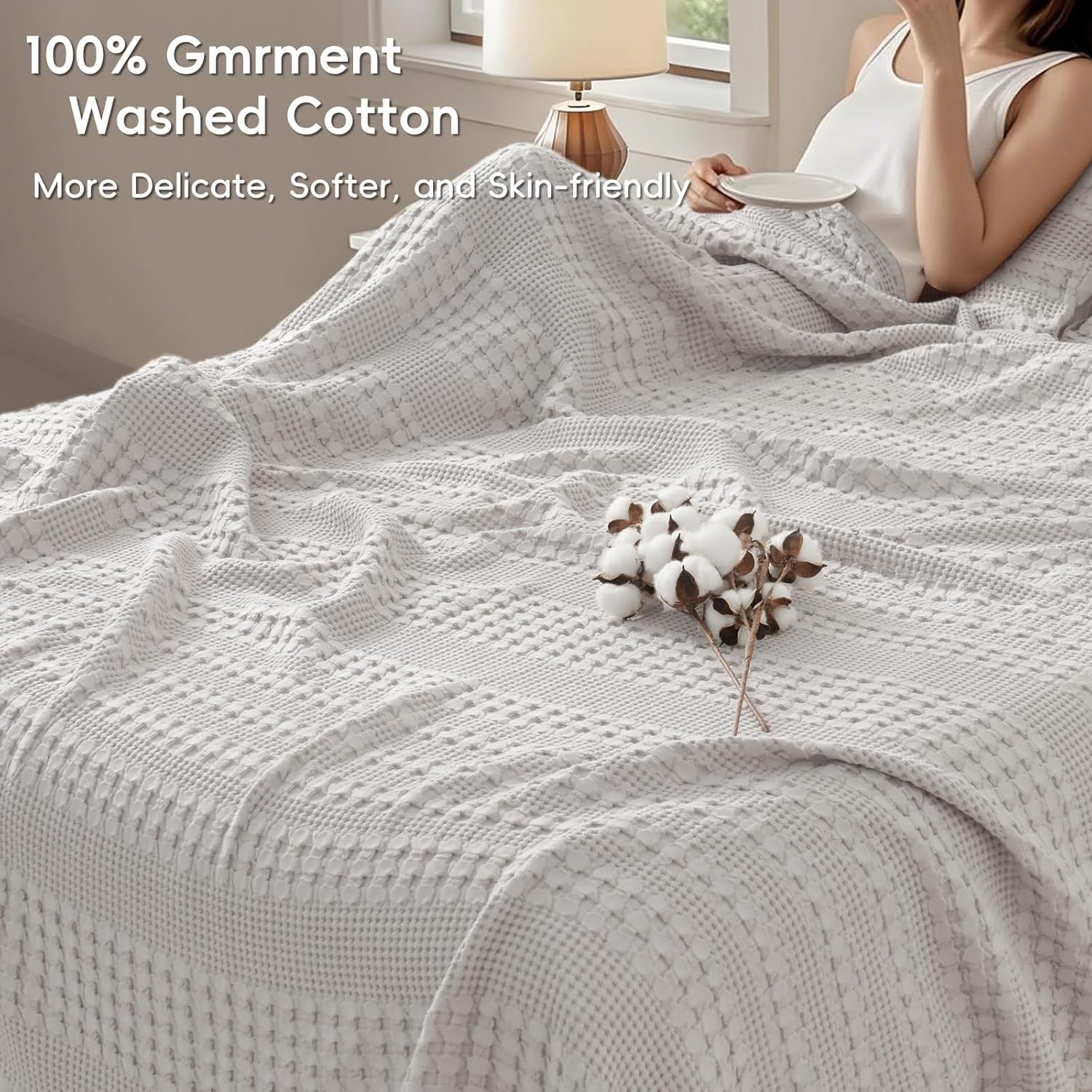 PHF 100% Cotton Waffle Weave Blanket Queen Size, Soft Lightweight Breathable Cozy Summer Blankets