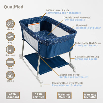 Newborn Portable Bassinet on Wheels for Baby 3 in 1 Bedside Sleeper Rocking Crib Playard with